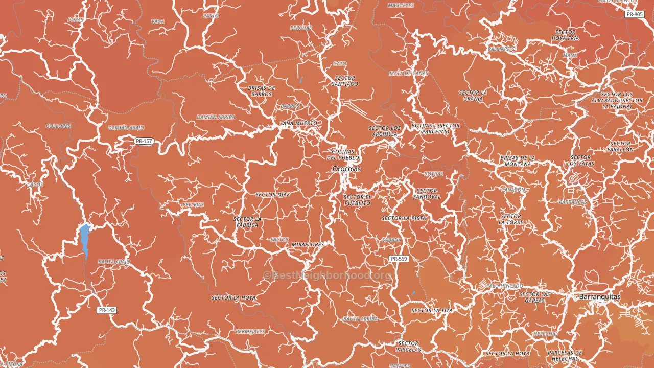 Map of the best neighborhoods in the Orocovis area, with better matches in green and worse matches in red
