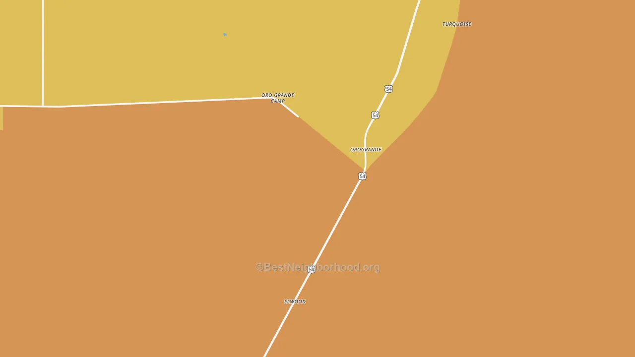 Map of the best neighborhoods in the Orogrande area, with better matches in green and worse matches in red