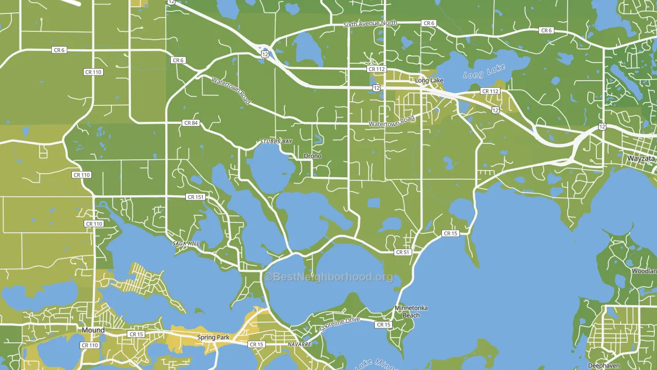 Map of the best neighborhoods in the Orono area, with better matches in green and worse matches in red