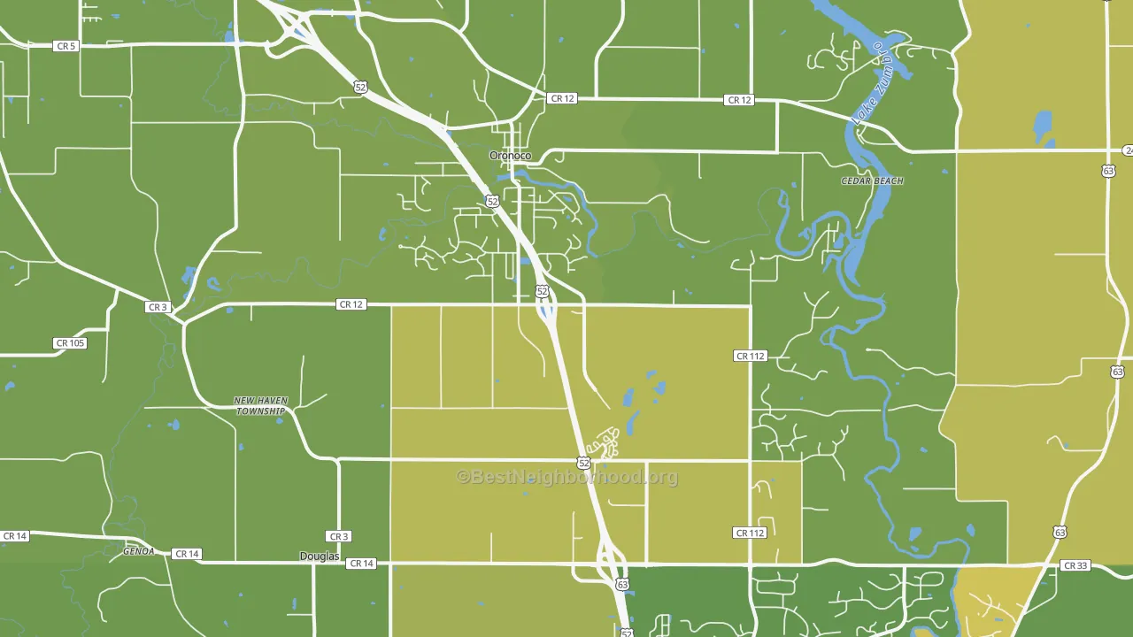 Map of the best neighborhoods in the Oronoco area, with better matches in green and worse matches in red