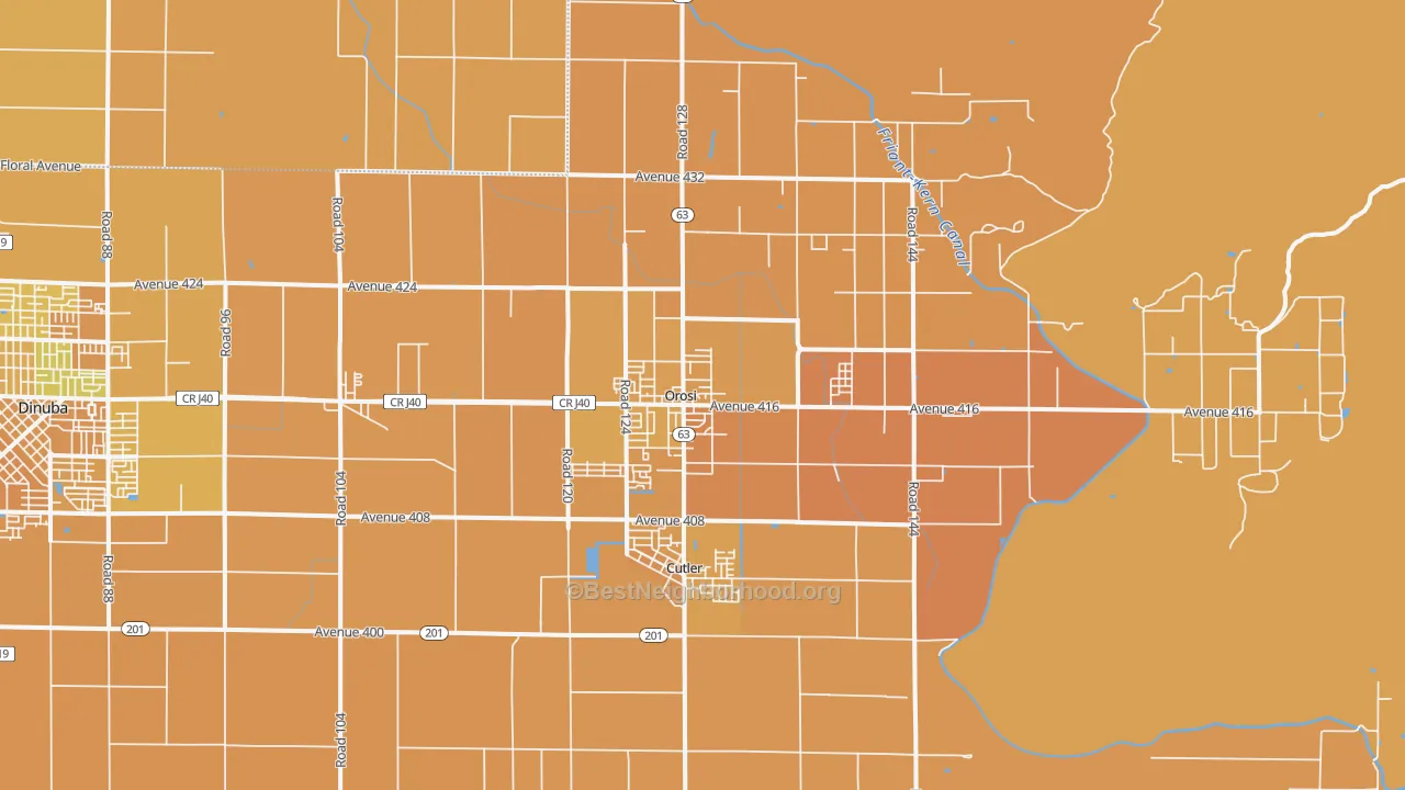 Map of the best neighborhoods in the Orosi area, with better matches in green and worse matches in red