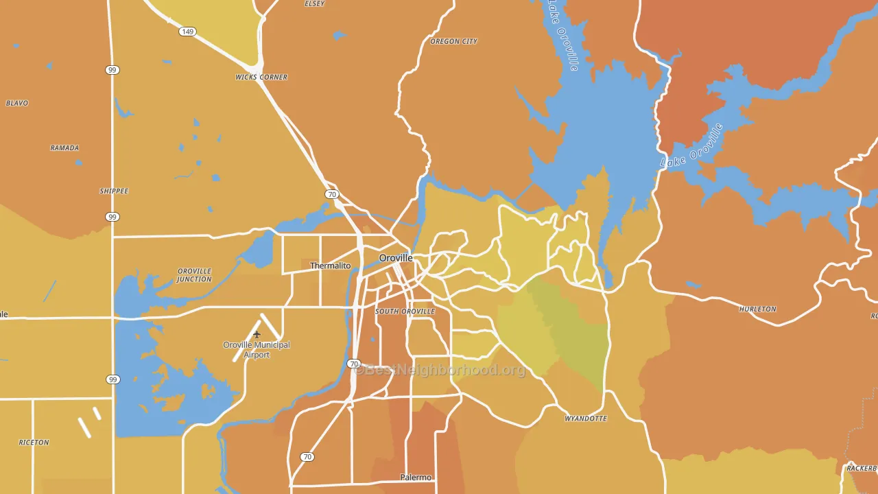 Map of the best neighborhoods in the Oroville area, with better matches in green and worse matches in red