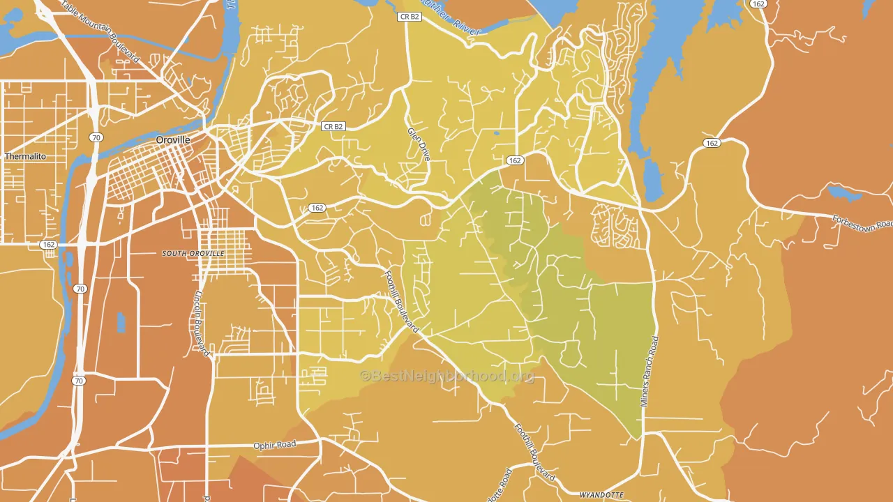 Map of the best neighborhoods in the Oroville East area, with better matches in green and worse matches in red