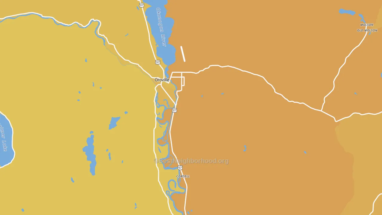 Map of the best neighborhoods in the Oroville area, with better matches in green and worse matches in red