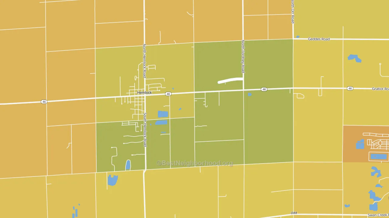 Map of the best neighborhoods in the Orr area, with better matches in green and worse matches in red