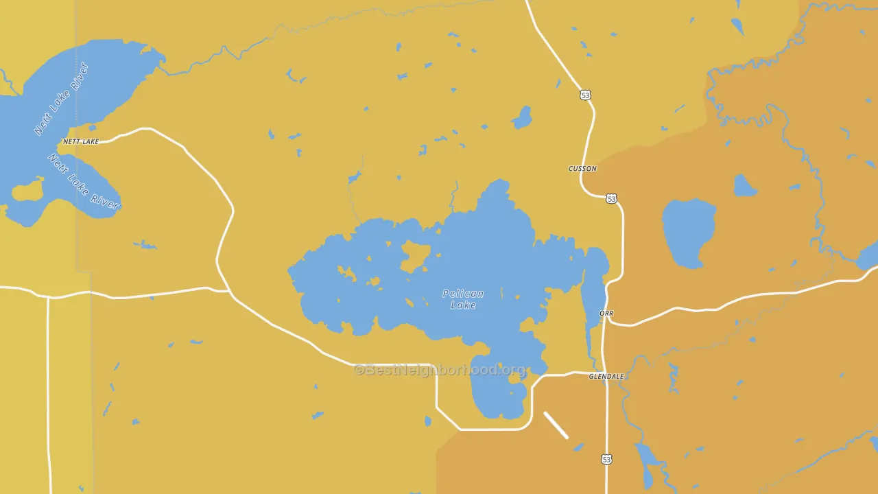 Map of the best neighborhoods in the Orr area, with better matches in green and worse matches in red