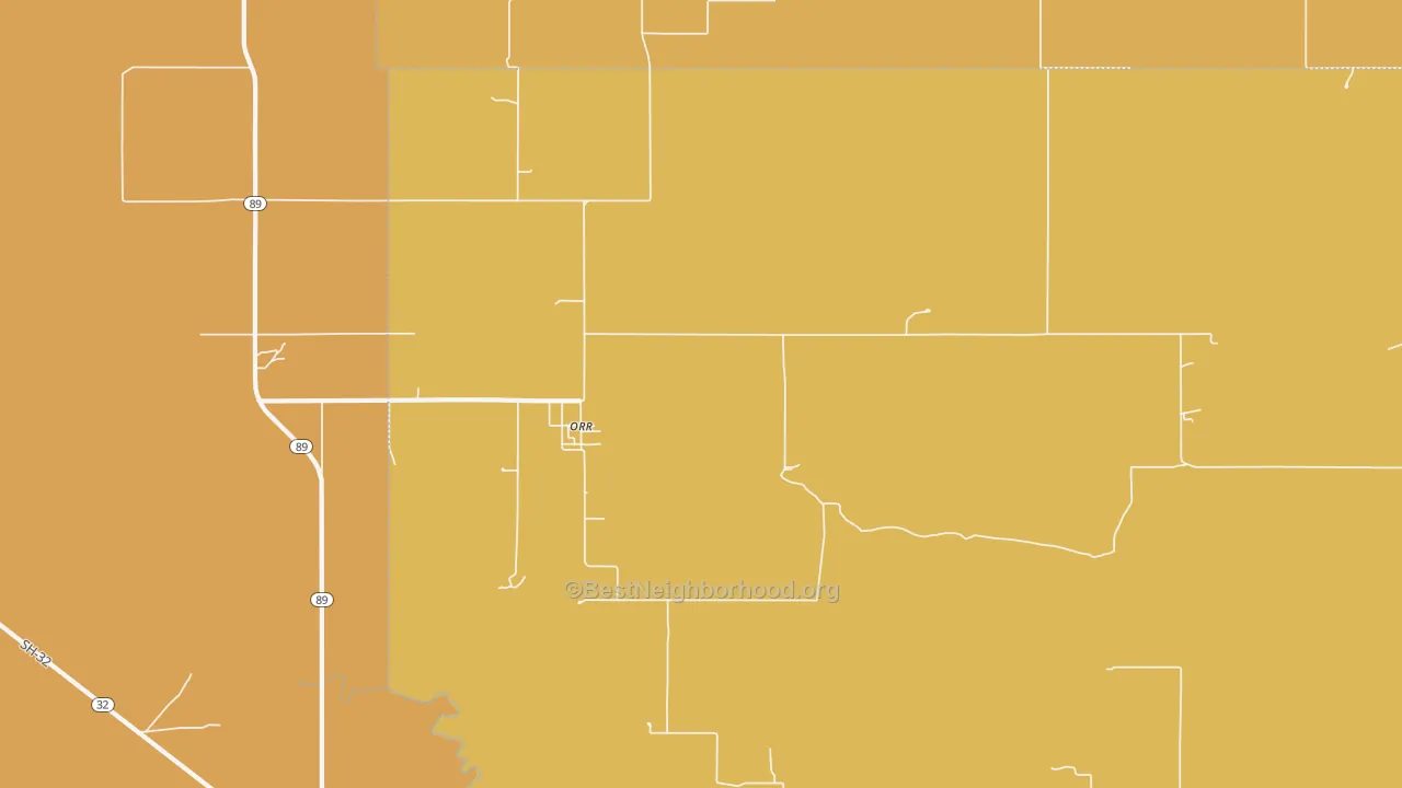 Map of the best neighborhoods in the Orr area, with better matches in green and worse matches in red
