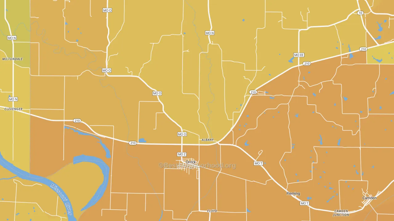 Map of the best neighborhoods in the Orrick area, with better matches in green and worse matches in red
