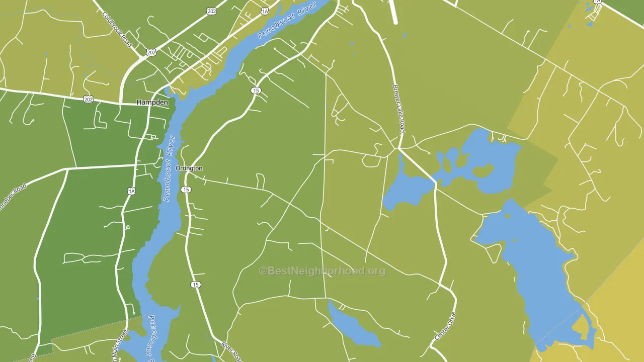 Map of the best neighborhoods in the Orrington area, with better matches in green and worse matches in red