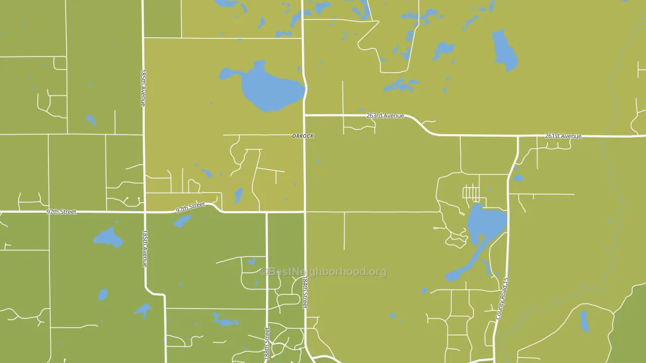 Map of the best neighborhoods in the Orrock area, with better matches in green and worse matches in red