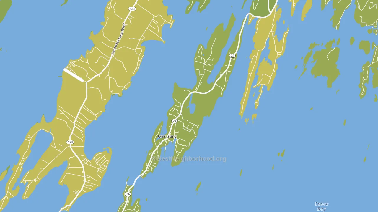 Map of the best neighborhoods in the Orrs Island area, with better matches in green and worse matches in red