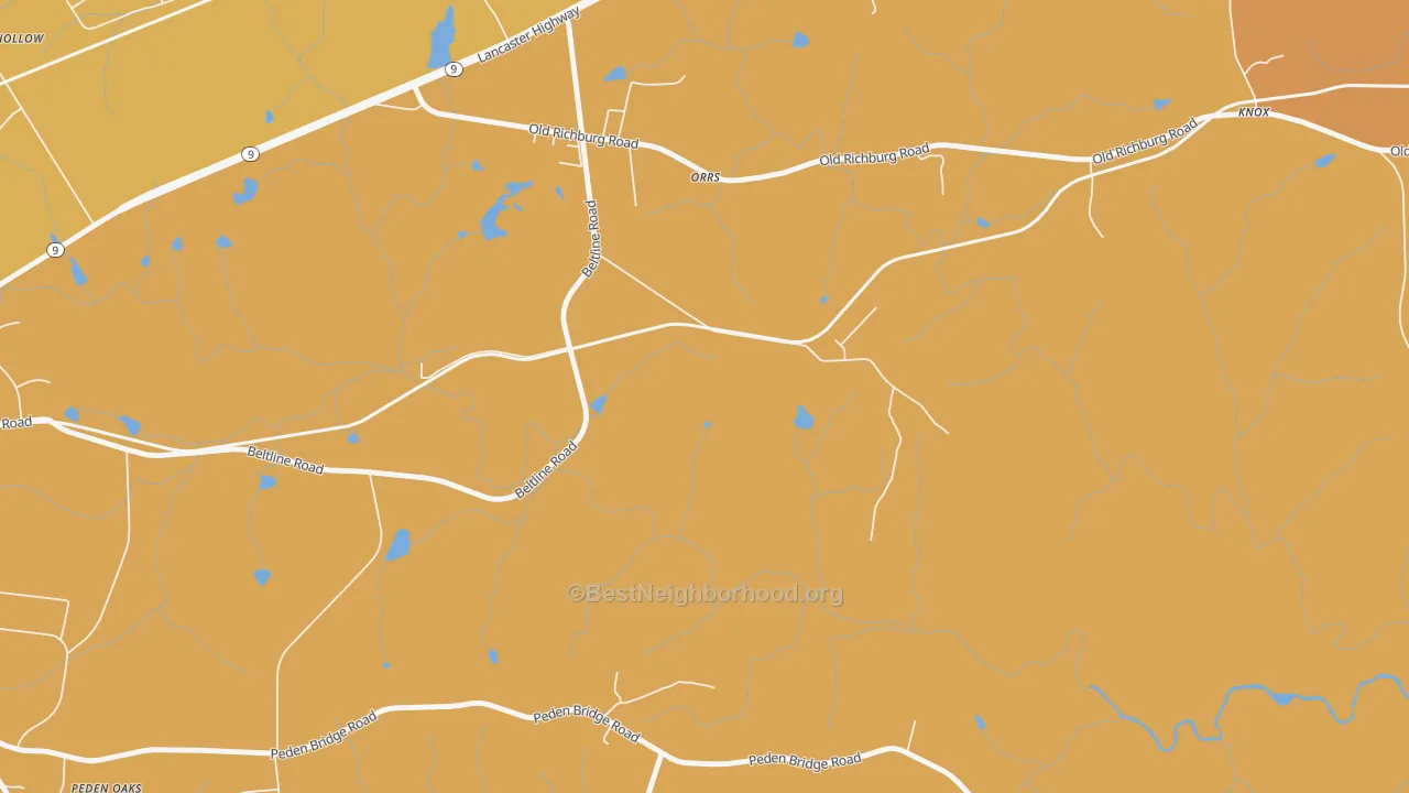 Map of the best neighborhoods in the Orrs area, with better matches in green and worse matches in red