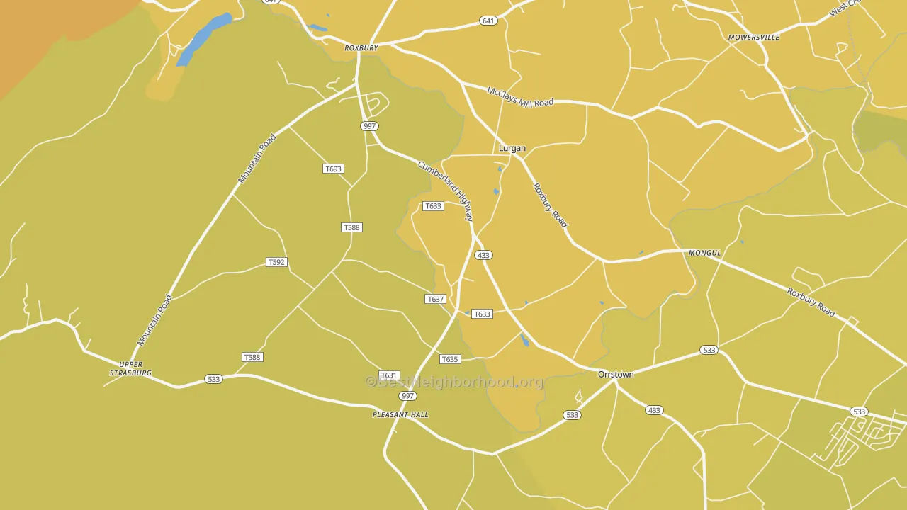 Map of the best neighborhoods in the Orrstown area, with better matches in green and worse matches in red