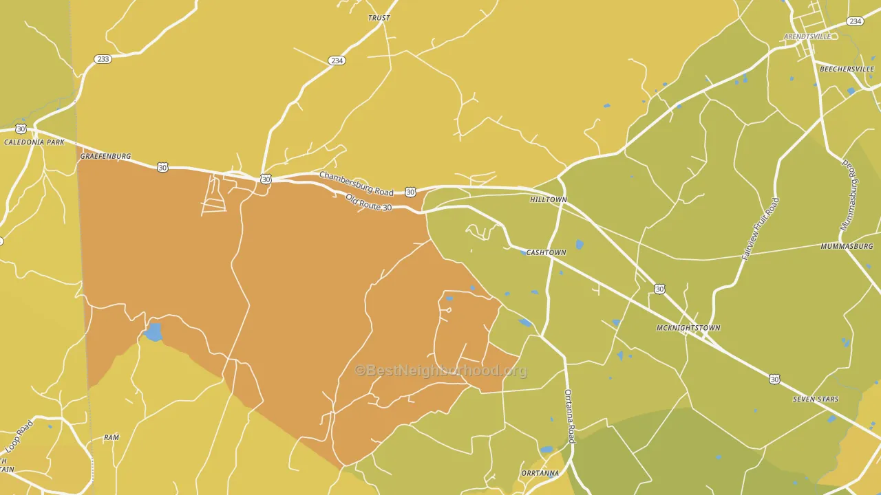 Map of the best neighborhoods in the Orrtanna area, with better matches in green and worse matches in red