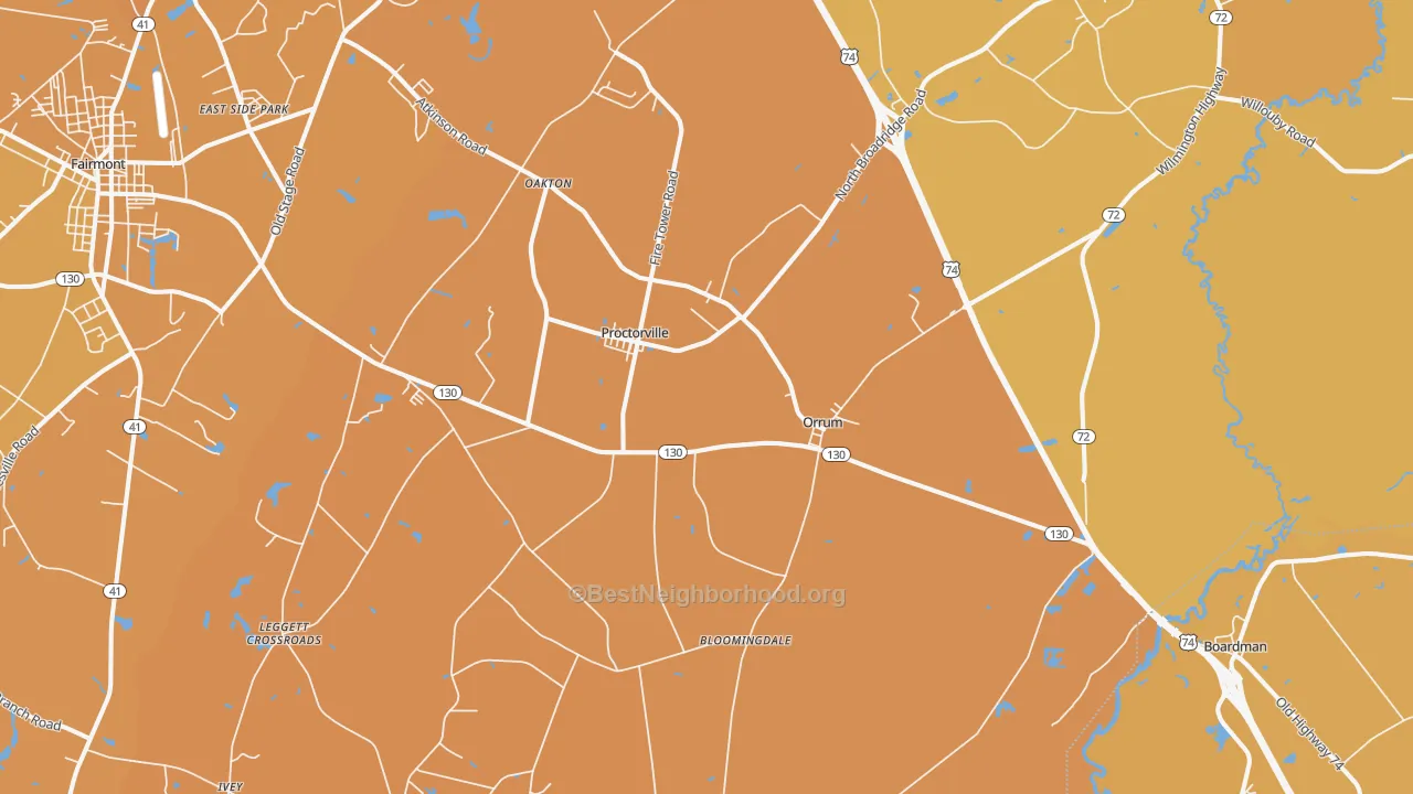 Map of the best neighborhoods in the Orrum area, with better matches in green and worse matches in red