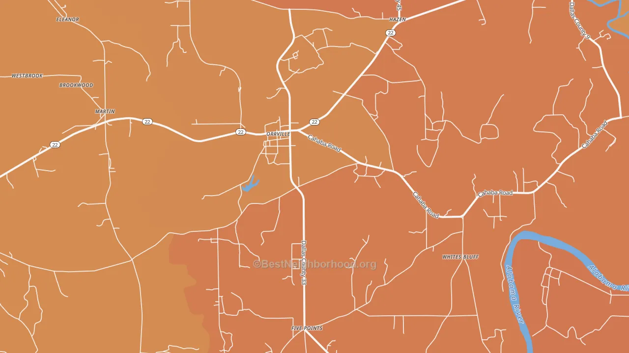 Map of the best neighborhoods in the Orrville area, with better matches in green and worse matches in red