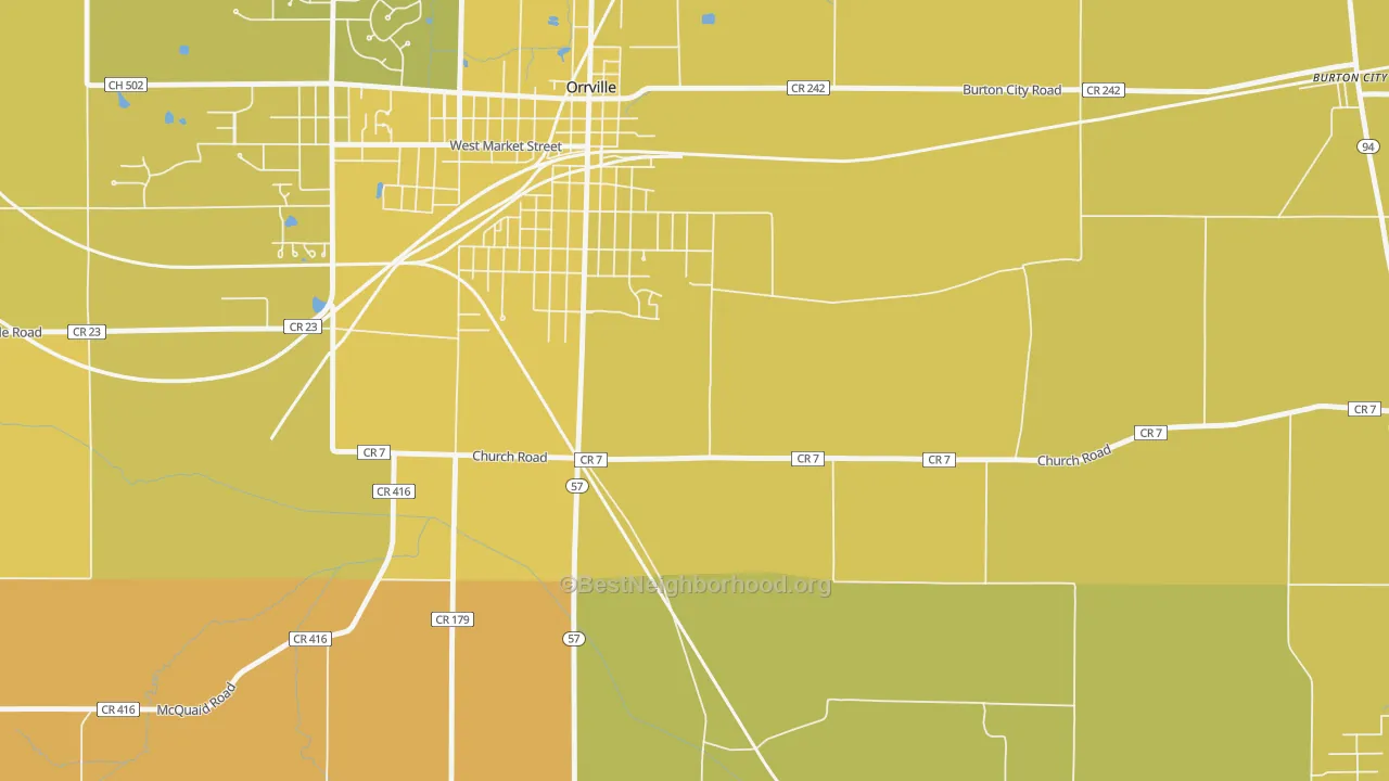 Map of the best neighborhoods in the Orrville Junction area, with better matches in green and worse matches in red