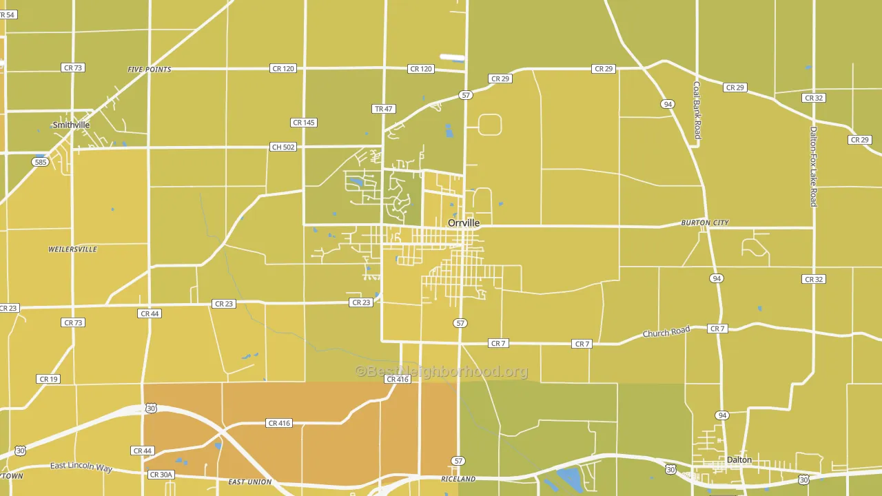 Map of the best neighborhoods in the Orrville area, with better matches in green and worse matches in red