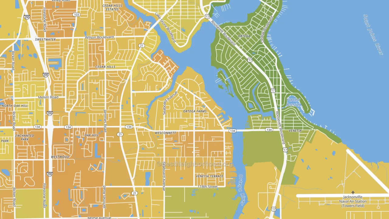 Map of the best neighborhoods in the Ortega Farms, Jacksonville area, with better matches in green and worse matches in red