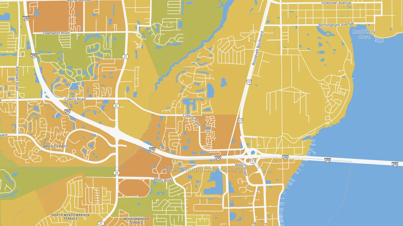 Map of the best neighborhoods in the Ortega Hills, Jacksonville area, with better matches in green and worse matches in red