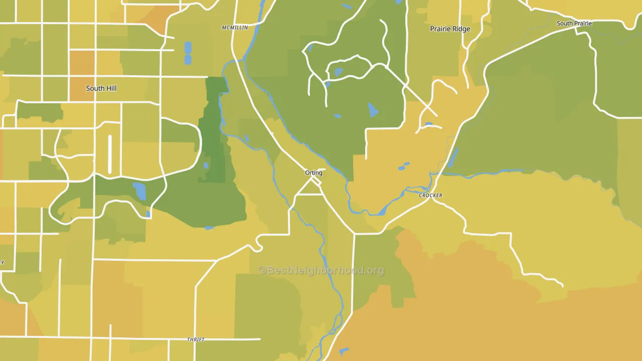 Map of the best neighborhoods in the Orting area, with better matches in green and worse matches in red