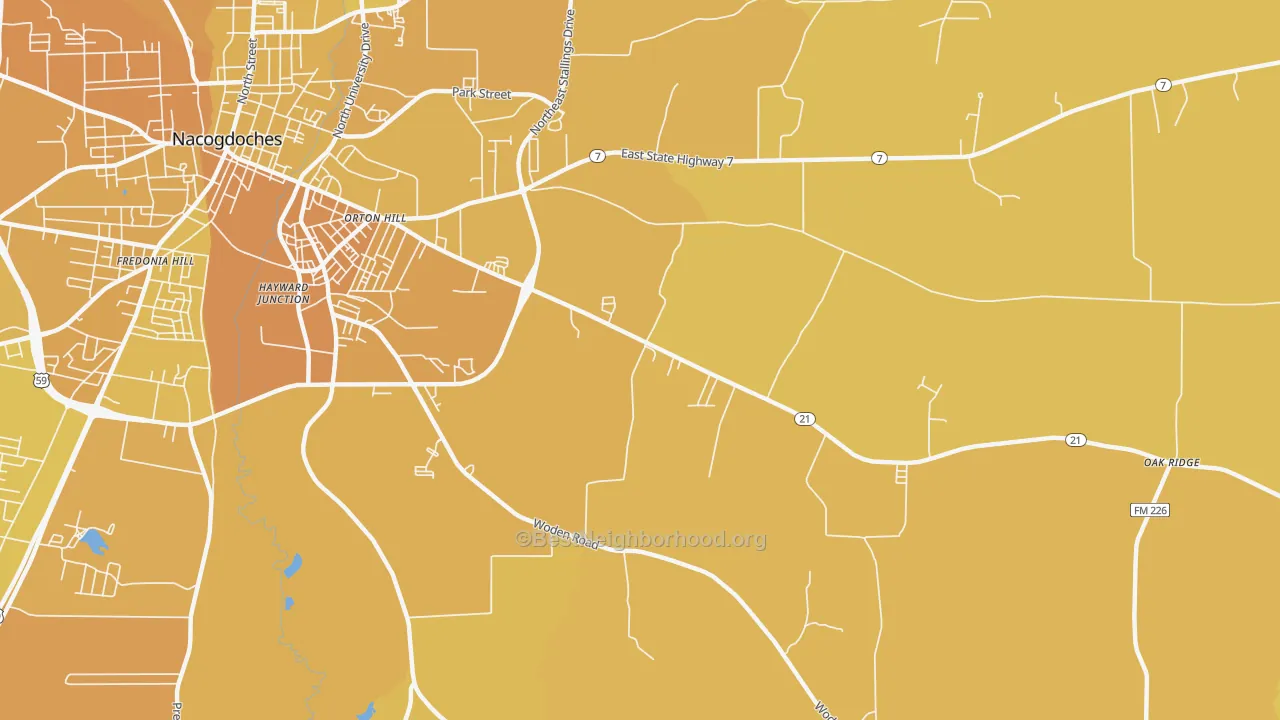Map of the best neighborhoods in the Orton Hill area, with better matches in green and worse matches in red