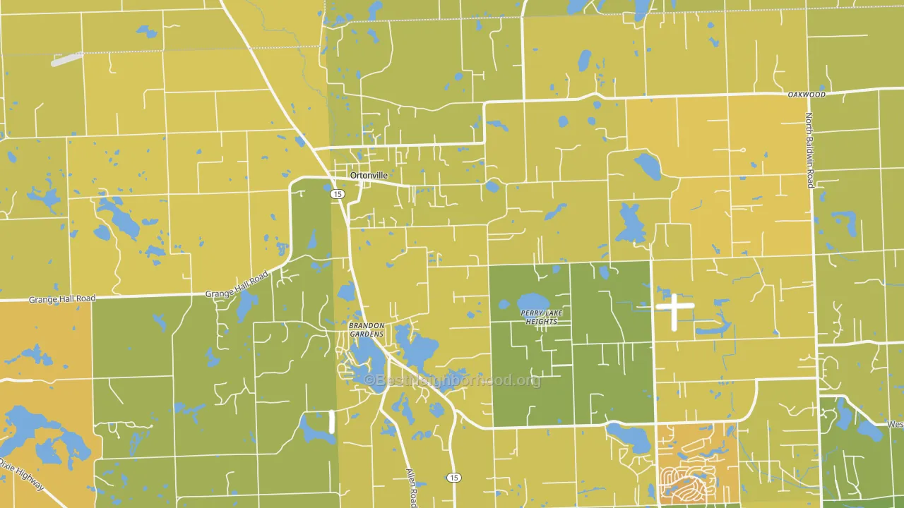 Map of the best neighborhoods in the Ortonville area, with better matches in green and worse matches in red