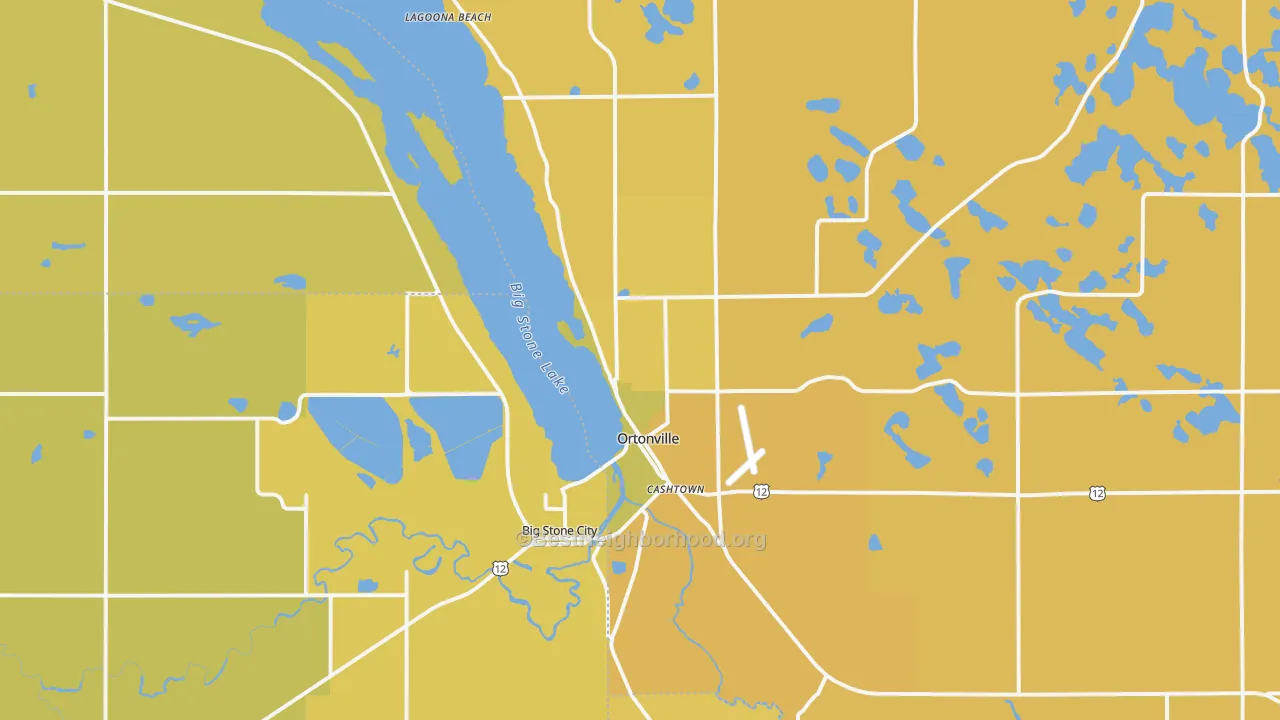 Map of the best neighborhoods in the Ortonville area, with better matches in green and worse matches in red