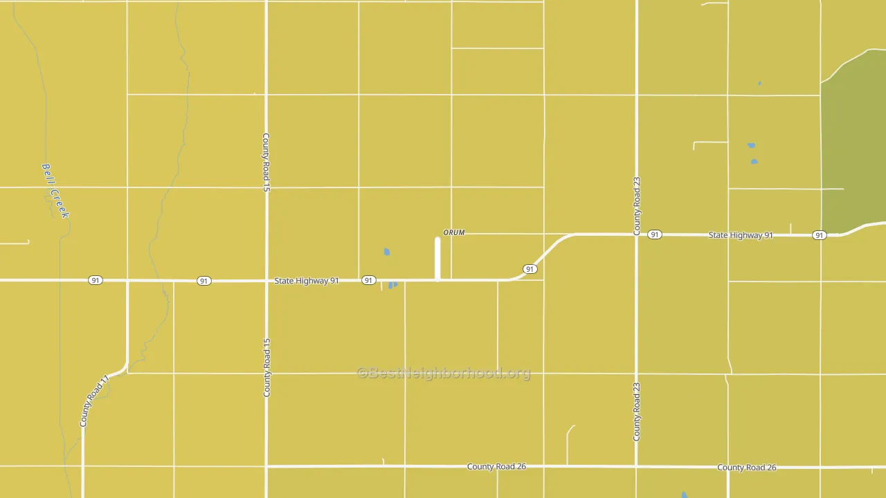 Map of the best neighborhoods in the Orum area, with better matches in green and worse matches in red