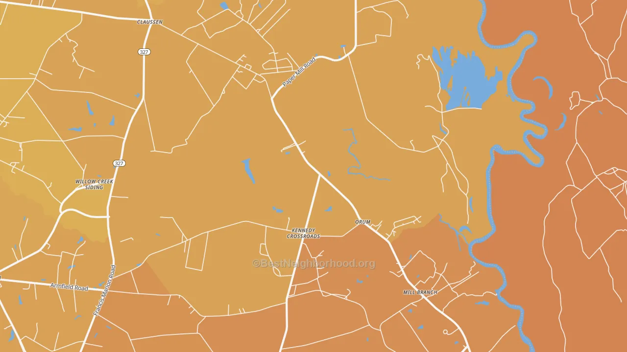 Map of the best neighborhoods in the Orum area, with better matches in green and worse matches in red
