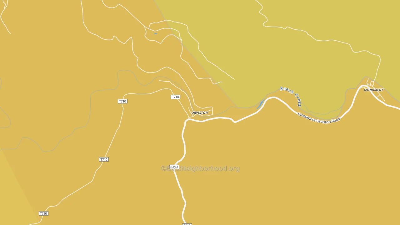 Map of the best neighborhoods in the Orviston area, with better matches in green and worse matches in red
