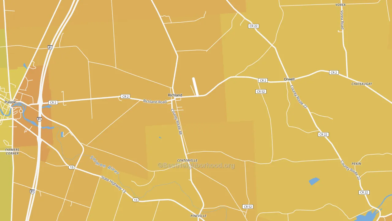 Map of the best neighborhoods in the Orwell area, with better matches in green and worse matches in red