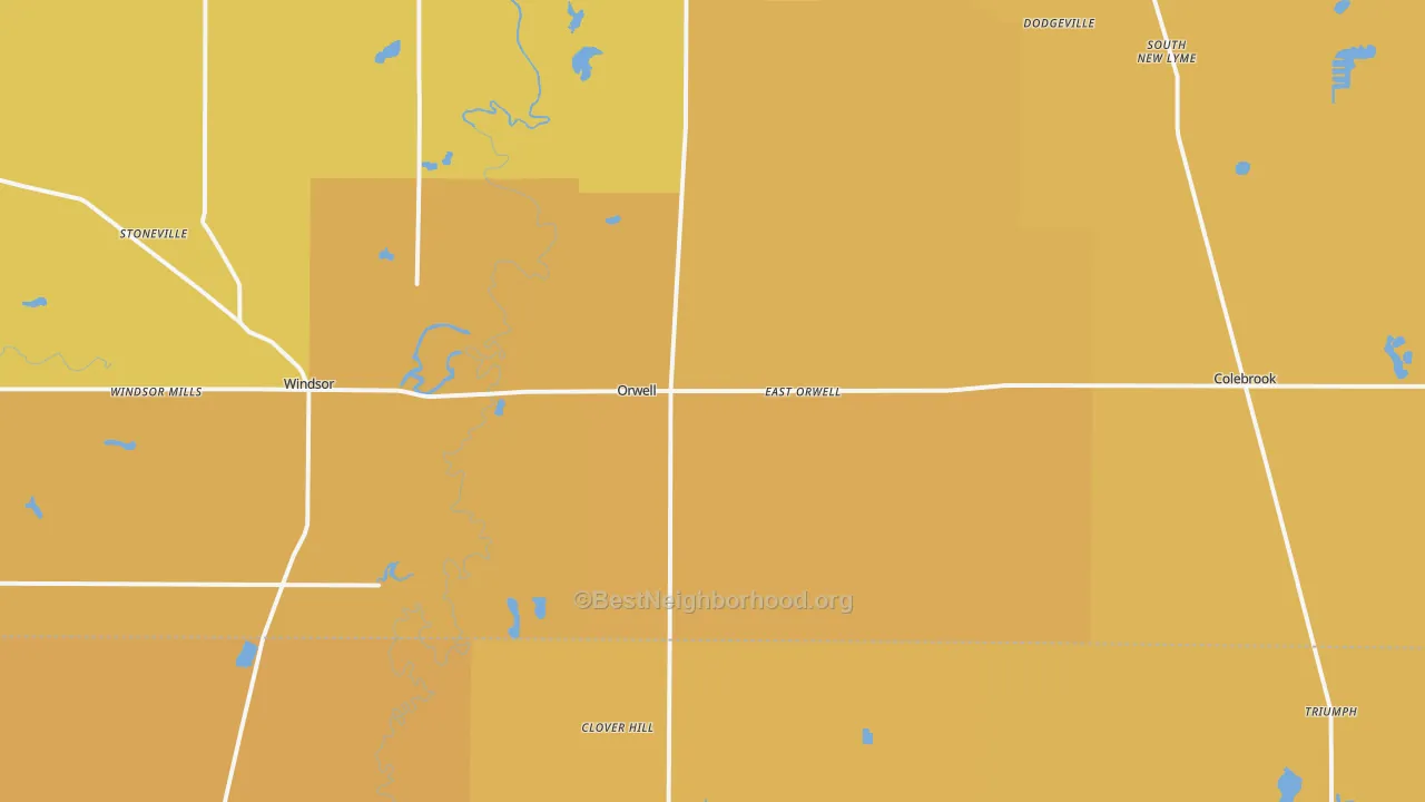 Map of the best neighborhoods in the Orwell area, with better matches in green and worse matches in red
