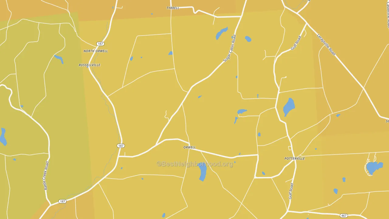 Map of the best neighborhoods in the Orwell area, with better matches in green and worse matches in red