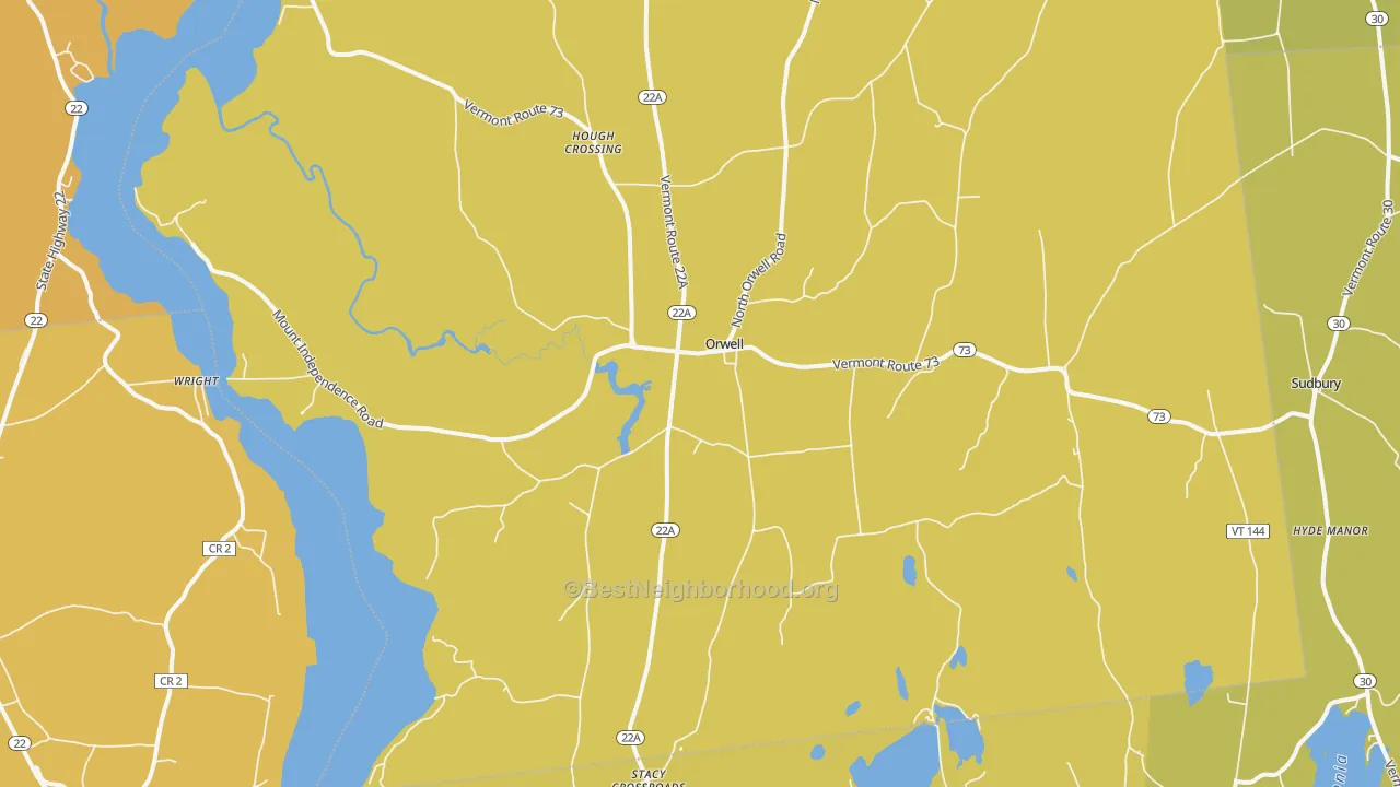 Map of the best neighborhoods in the Orwell area, with better matches in green and worse matches in red