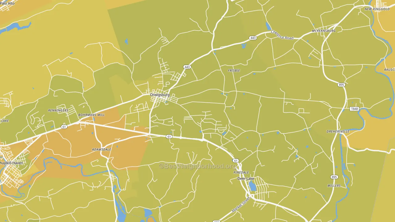 Map of the best neighborhoods in the Orwigsburg area, with better matches in green and worse matches in red