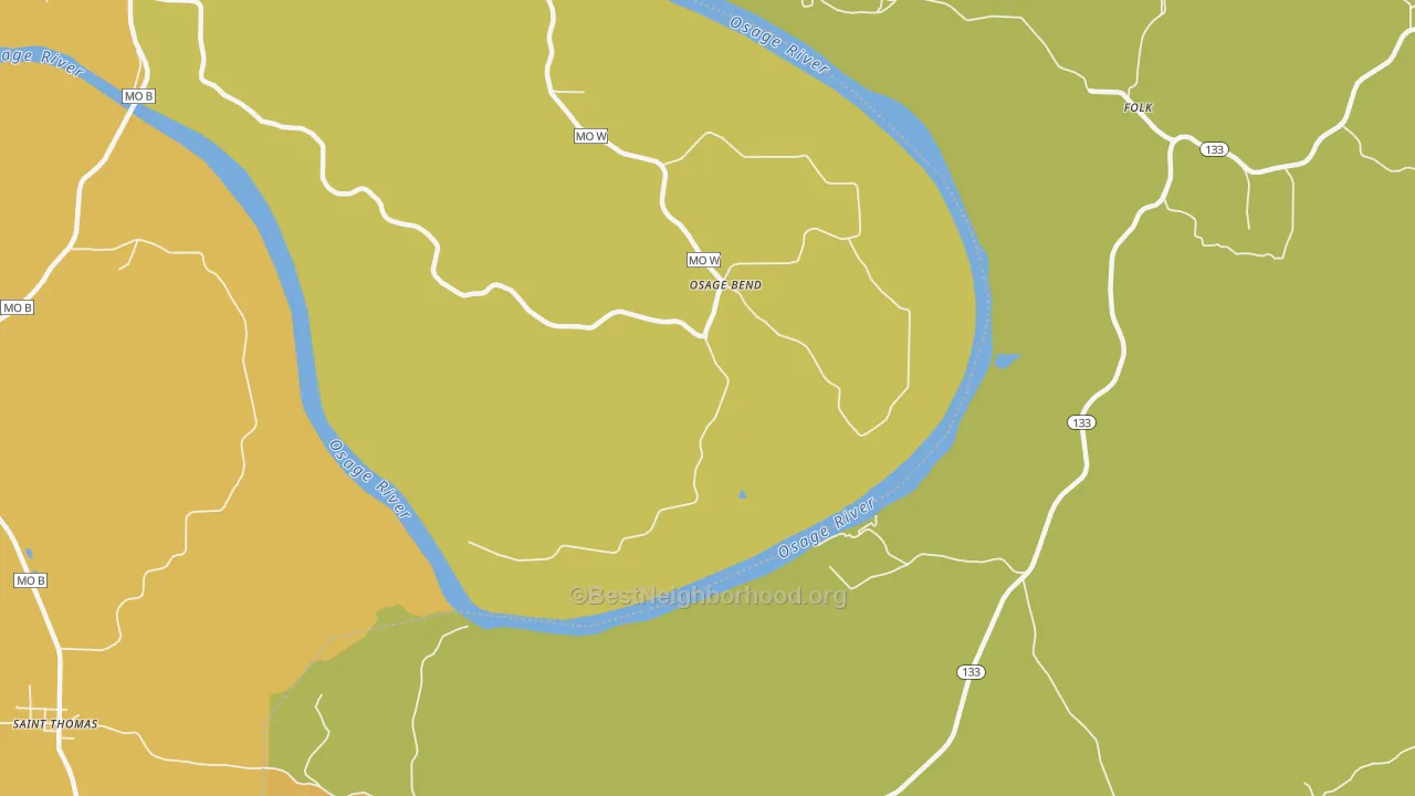 Map of the best neighborhoods in the Osage Bend area, with better matches in green and worse matches in red