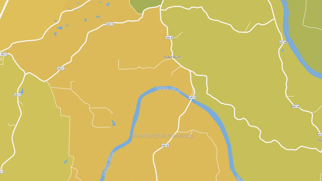 Map of the best neighborhoods in the Osage Bluff area, with better matches in green and worse matches in red