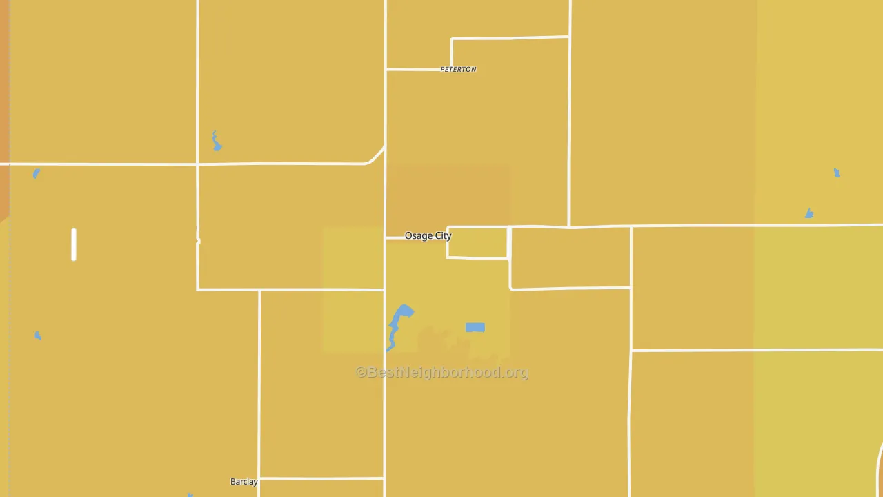 Map of the best neighborhoods in the Osage City area, with better matches in green and worse matches in red