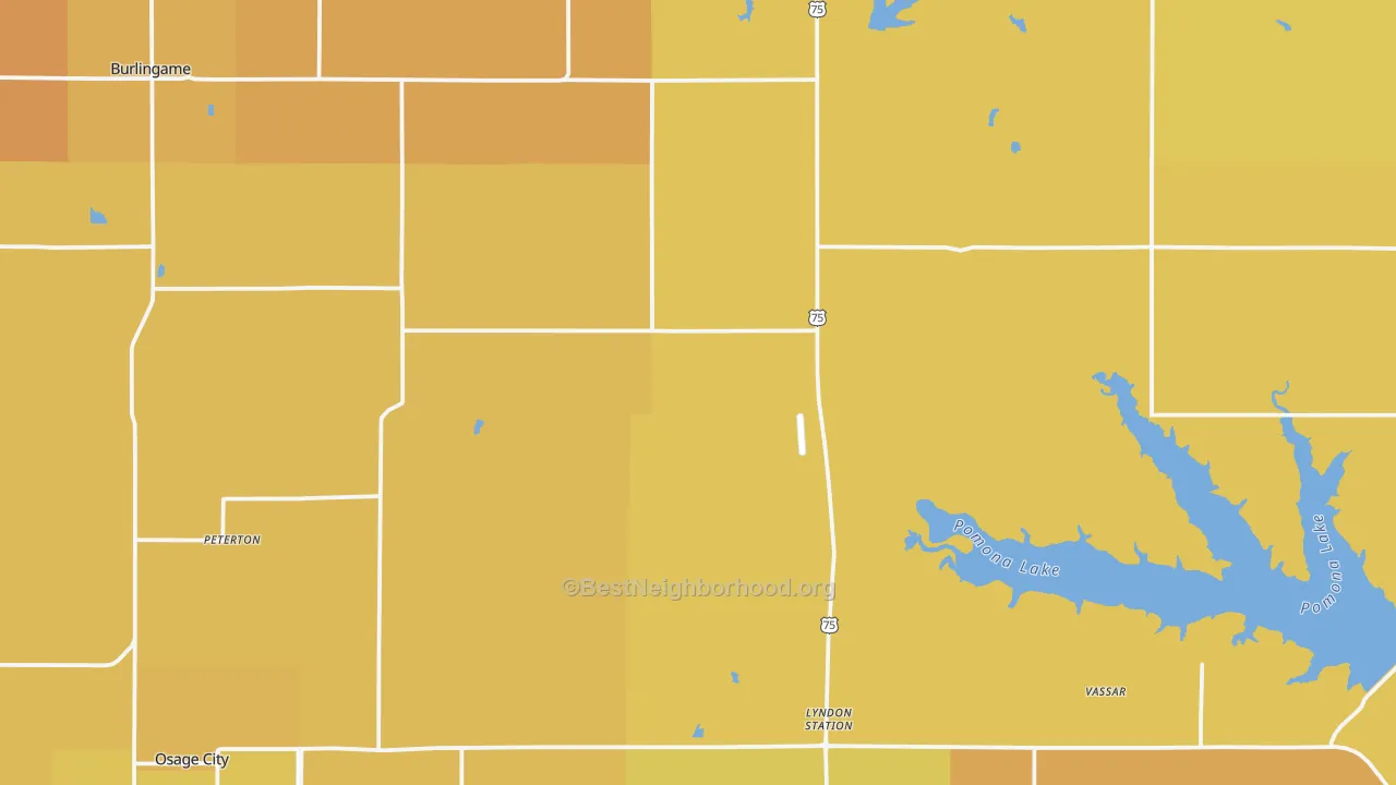 Map of the best neighborhoods in the Osage County area, with better matches in green and worse matches in red
