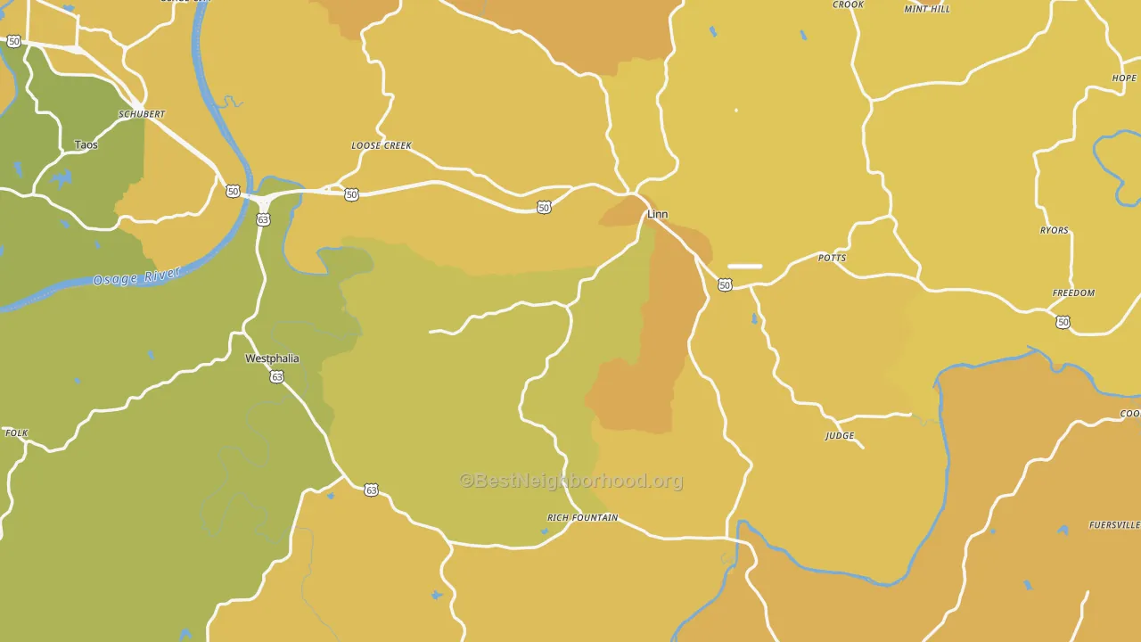 Map of the best neighborhoods in the Osage County area, with better matches in green and worse matches in red