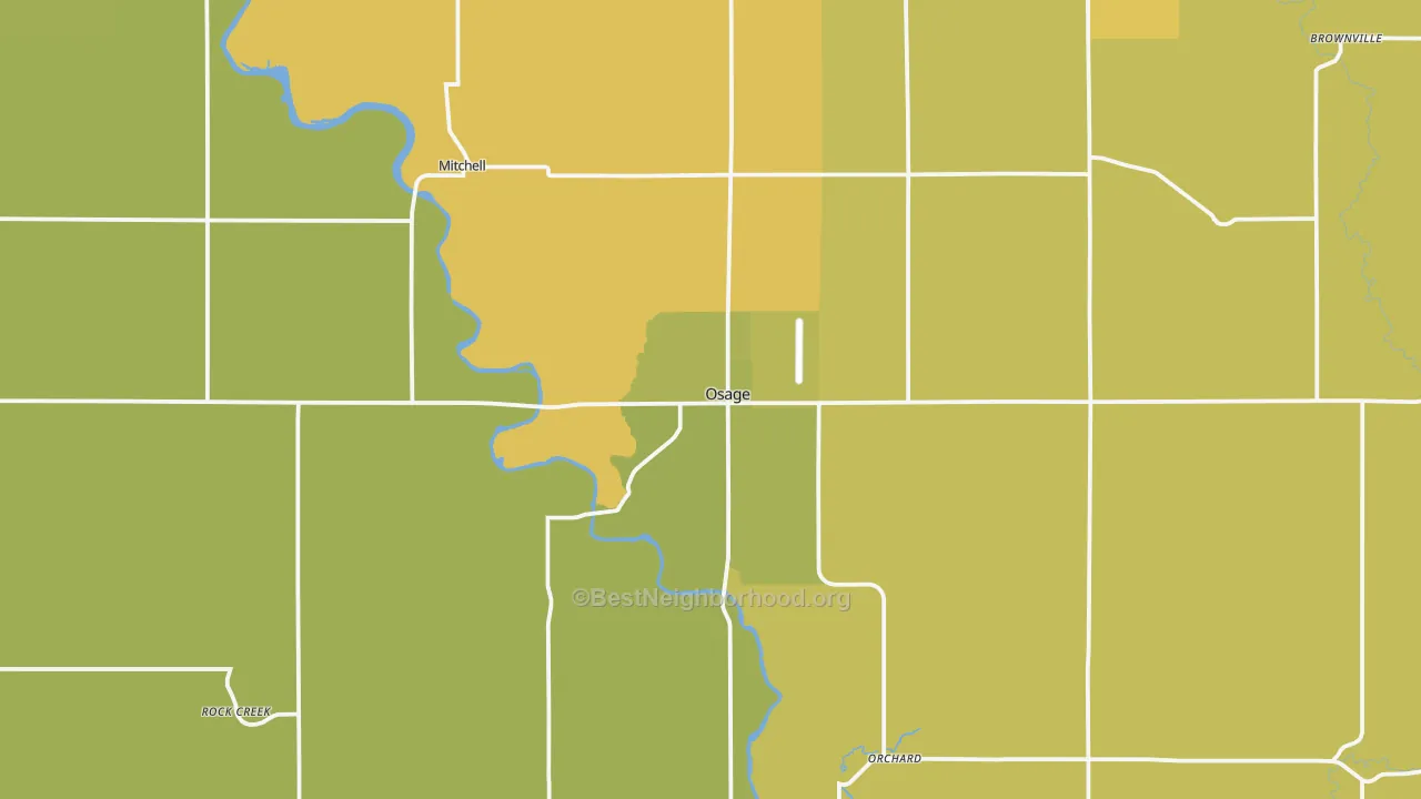 Map of the best neighborhoods in the Osage area, with better matches in green and worse matches in red