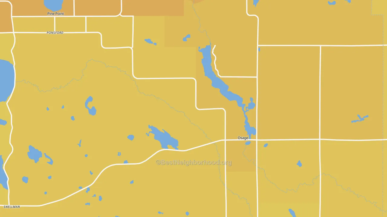Map of the best neighborhoods in the Osage area, with better matches in green and worse matches in red
