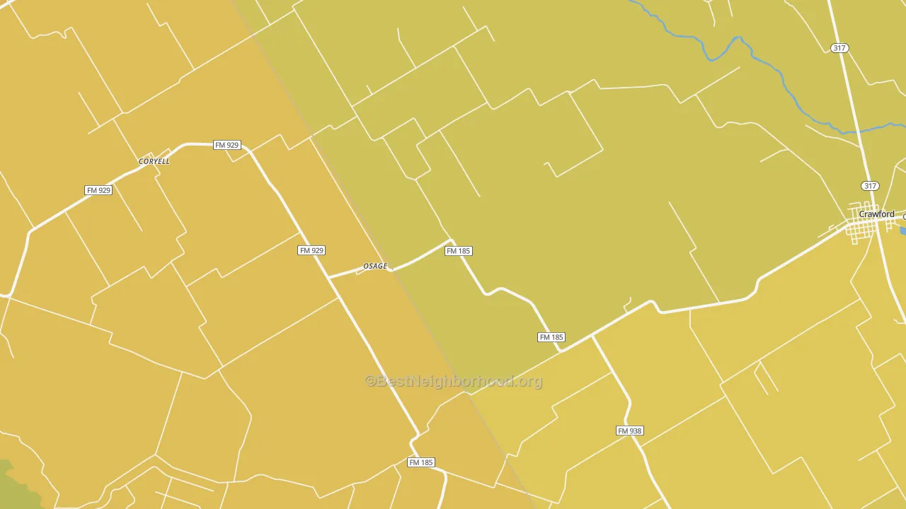 Map of the best neighborhoods in the Osage area, with better matches in green and worse matches in red