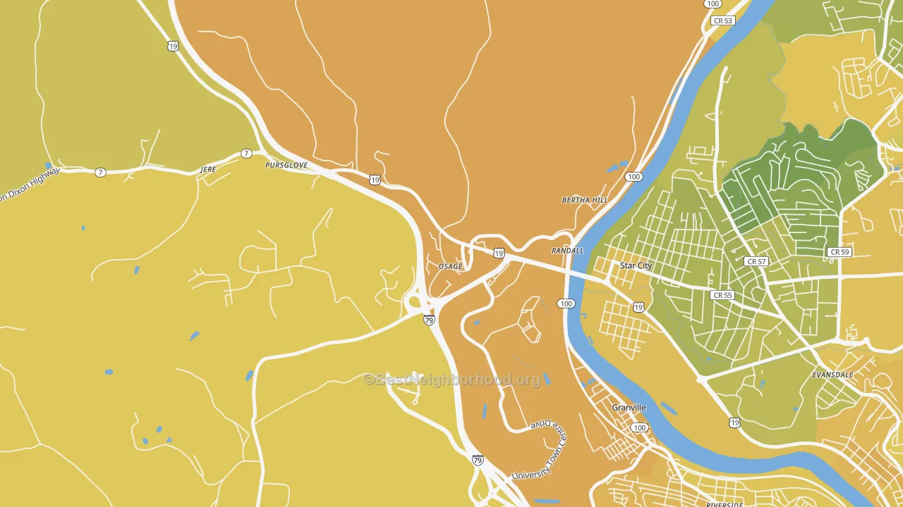Map of the best neighborhoods in the Osage area, with better matches in green and worse matches in red
