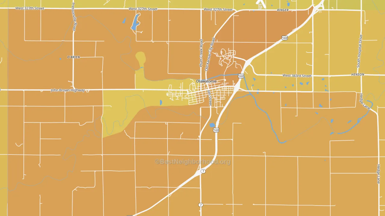 Map of the best neighborhoods in the Osawatomie area, with better matches in green and worse matches in red