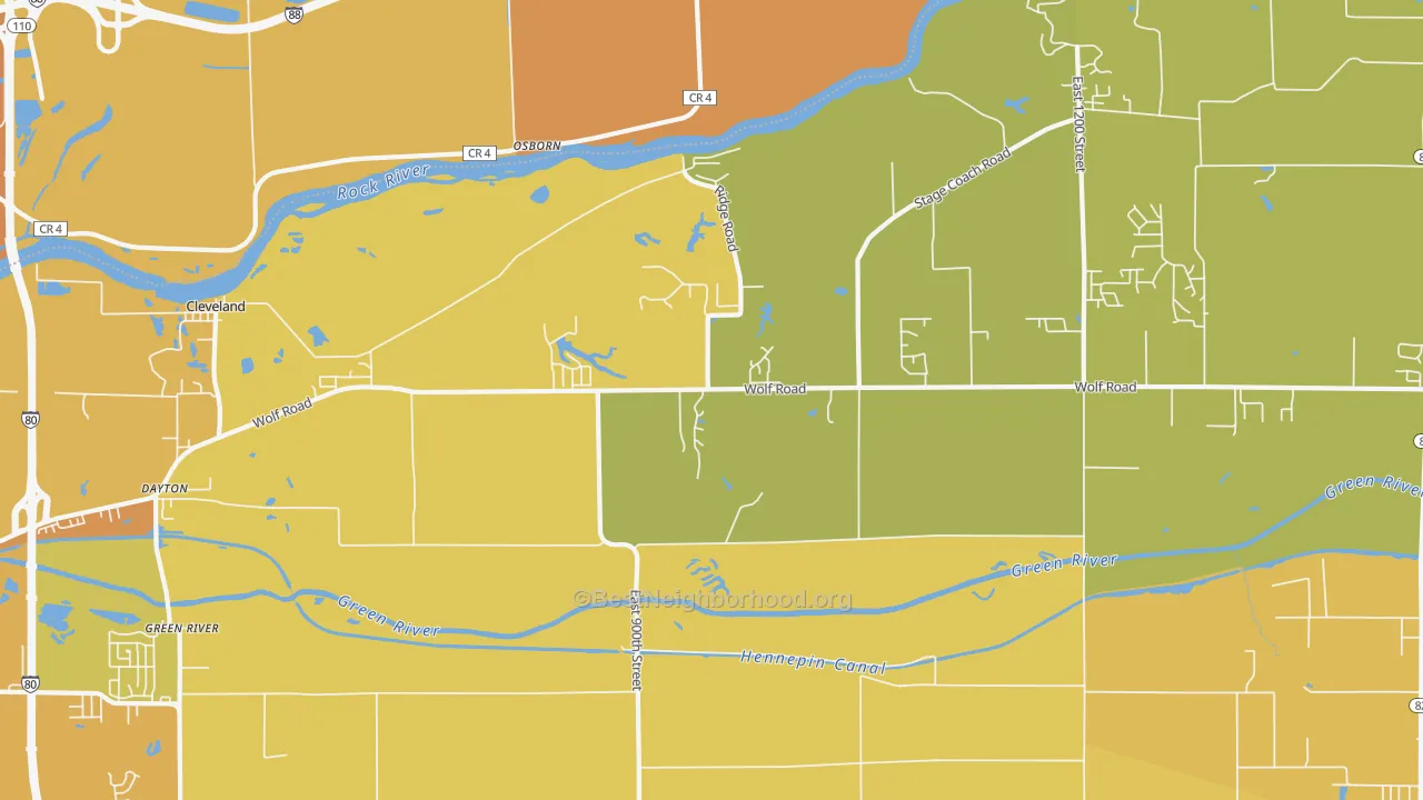 Map of the best neighborhoods in the Osborn area, with better matches in green and worse matches in red