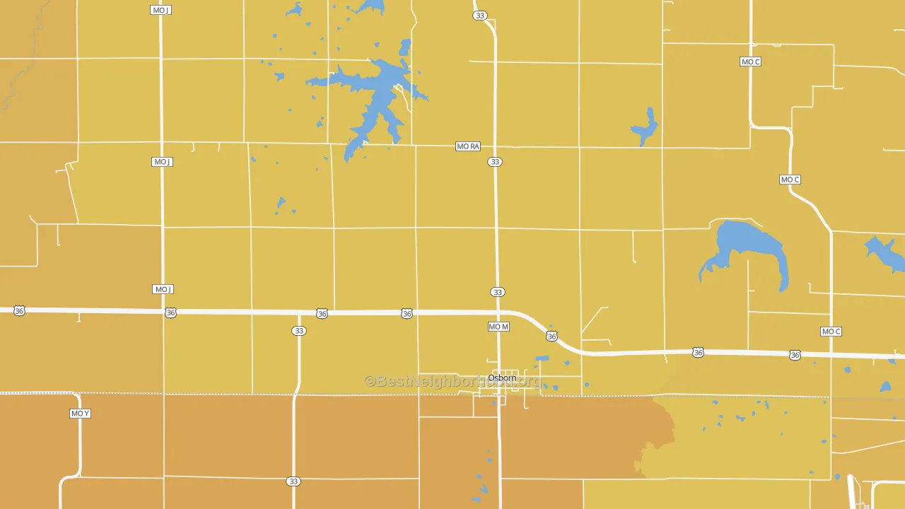Map of the best neighborhoods in the Osborn area, with better matches in green and worse matches in red
