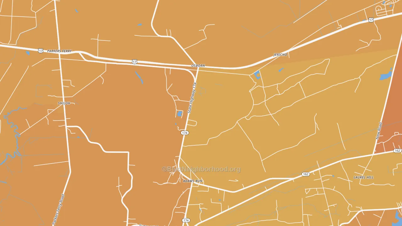 Map of the best neighborhoods in the Osborn area, with better matches in green and worse matches in red