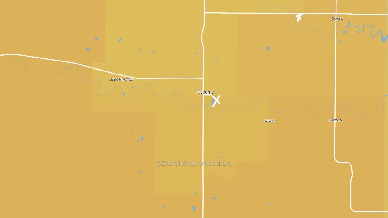 Map of the best neighborhoods in the Osborne County area, with better matches in green and worse matches in red